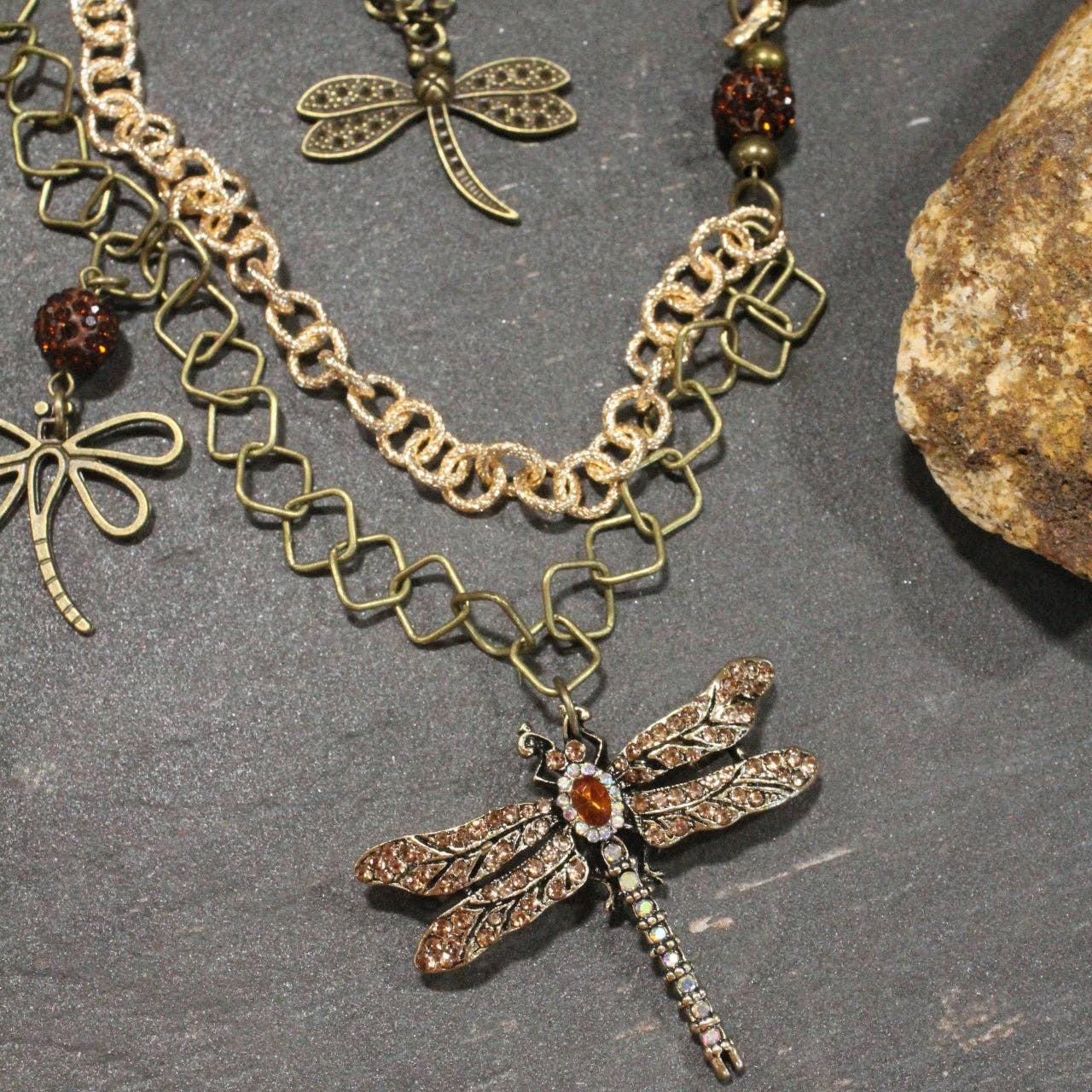 Golden Rod Dragonfly In Flight Layered Necklace