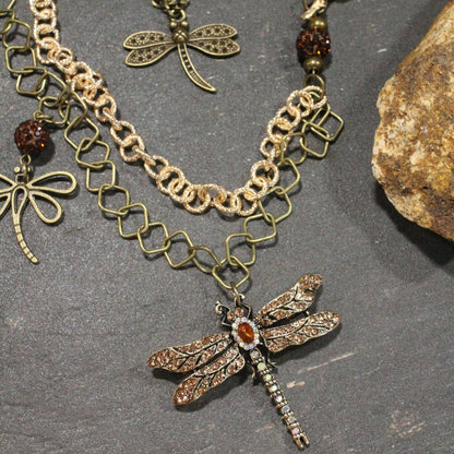 Golden Rod Dragonfly In Flight Layered Necklace