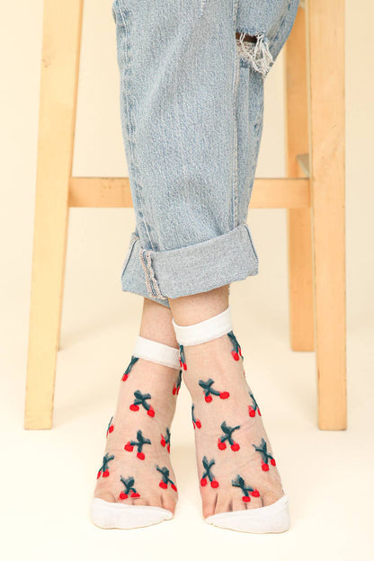 Cherry Embroidered Mesh Ankle Socks