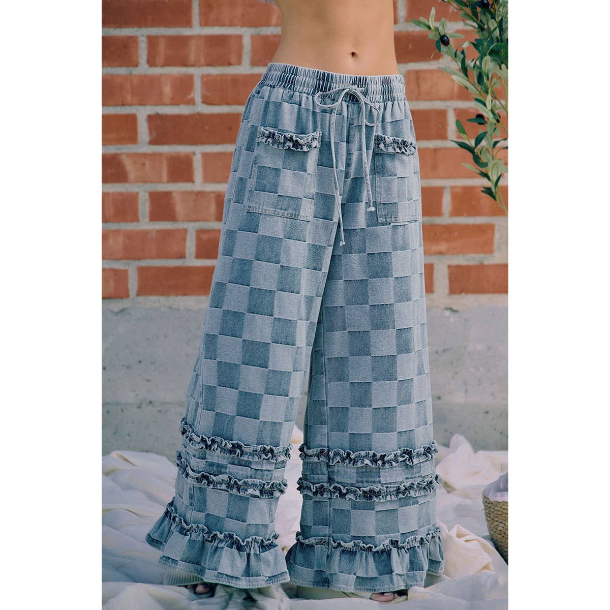WASHED CHECKERBOARD DENIM RUFFLED DETAIL PANTS