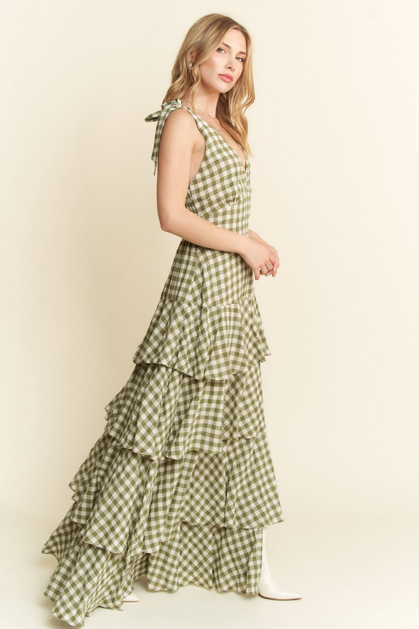 GREEN GINGHAM TIERED MAXI DRESS