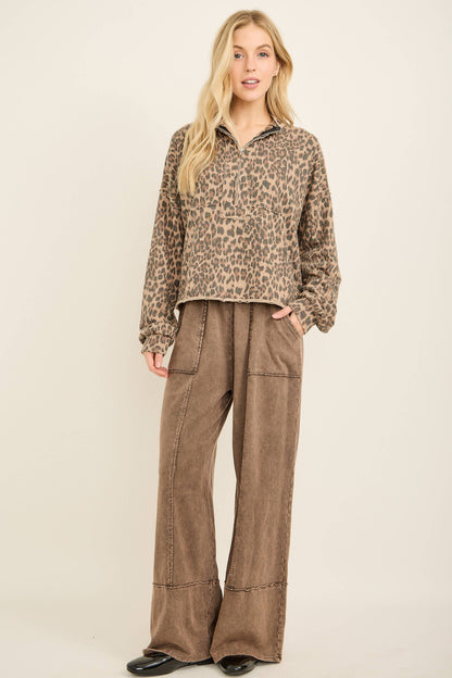Washed Leopard Half zip Pocket Sweatshirt