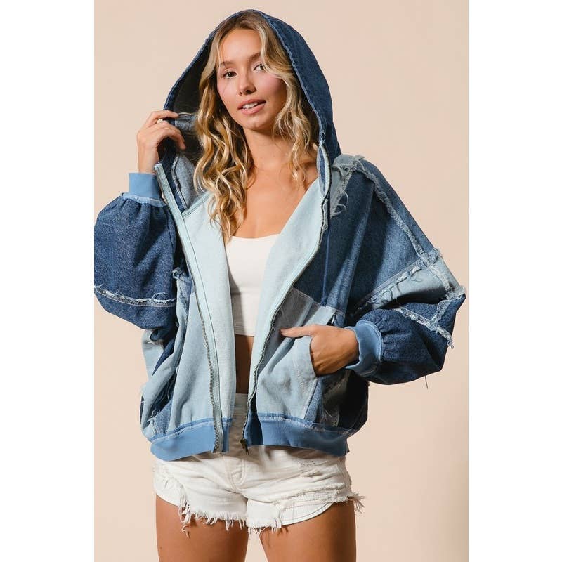 COLOR BLOCK WASHED DENIM ZIP UP HOODIE