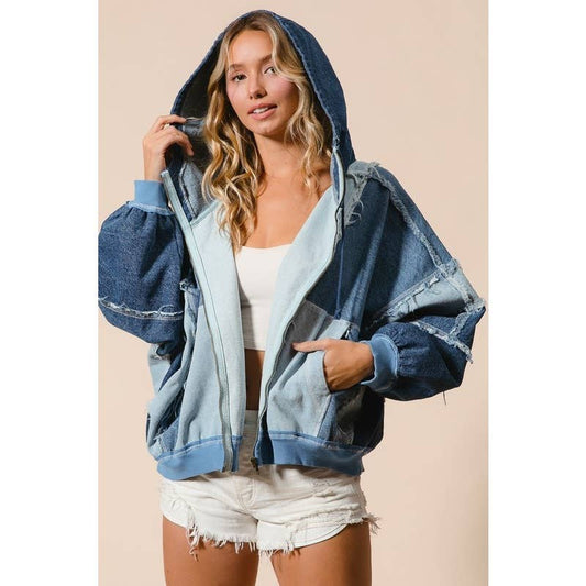 COLOR BLOCK WASHED DENIM ZIP UP HOODIE