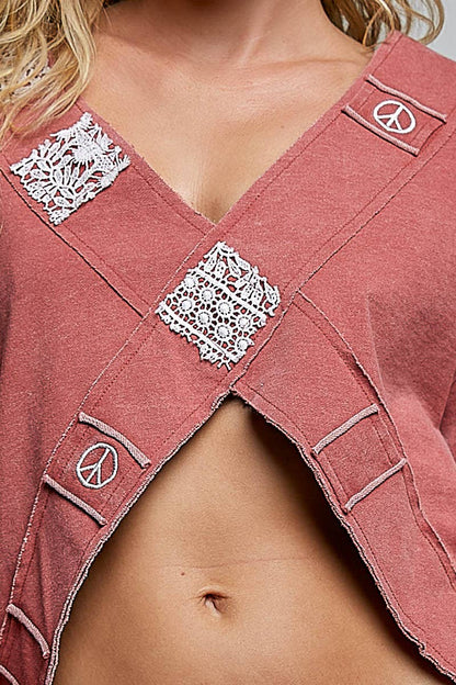 V-Neck Crochet Patch Cross Wrap Cropped Terry Top