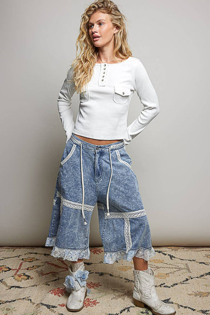 Vintage Washing Lace Ruffle Back Elastic Band Wide Pants
