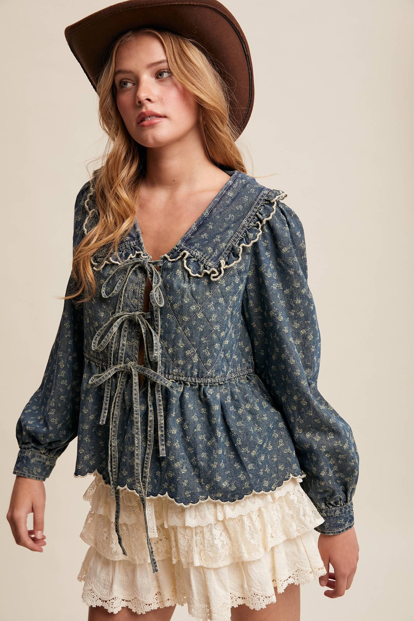 Ruffle Collar Tie-Front Denim Blouse