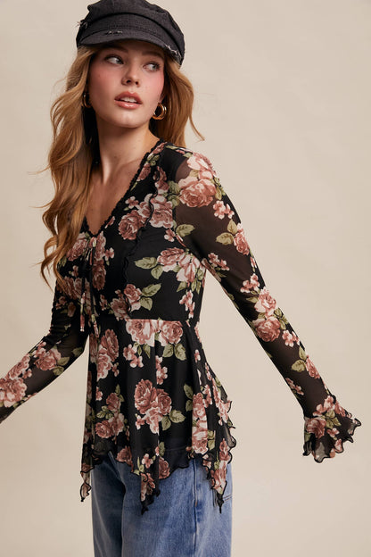 Floral Mesh Handkerchief Blouse