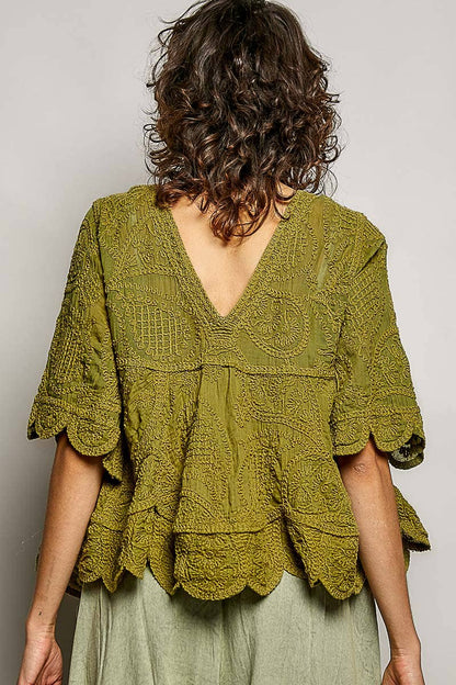 Short Sleeve V-neck Vintage Washing Solid Crochet Top