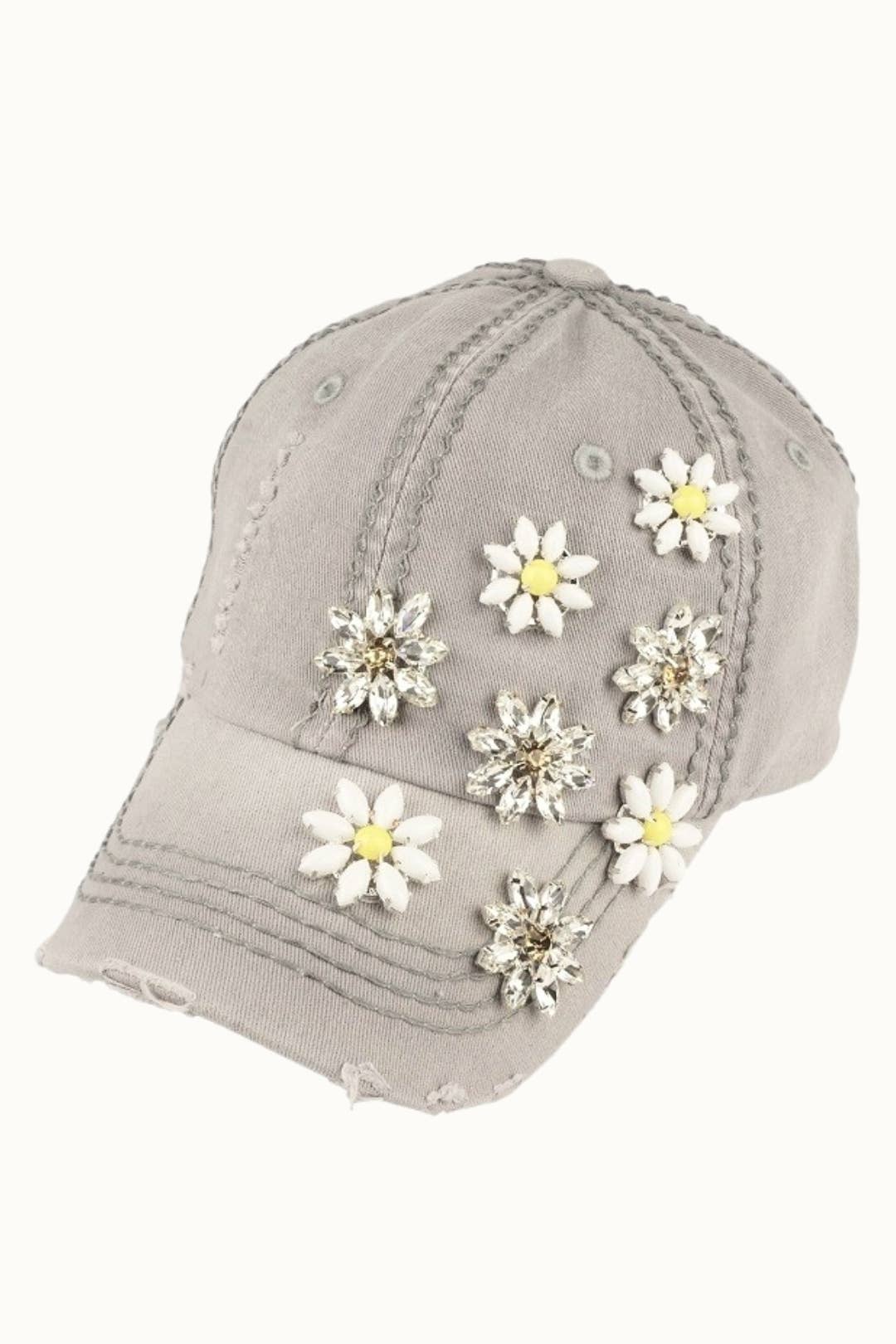 Daisy Bejeweled Bling Distressed Cap, Adjustable Multi colors available
