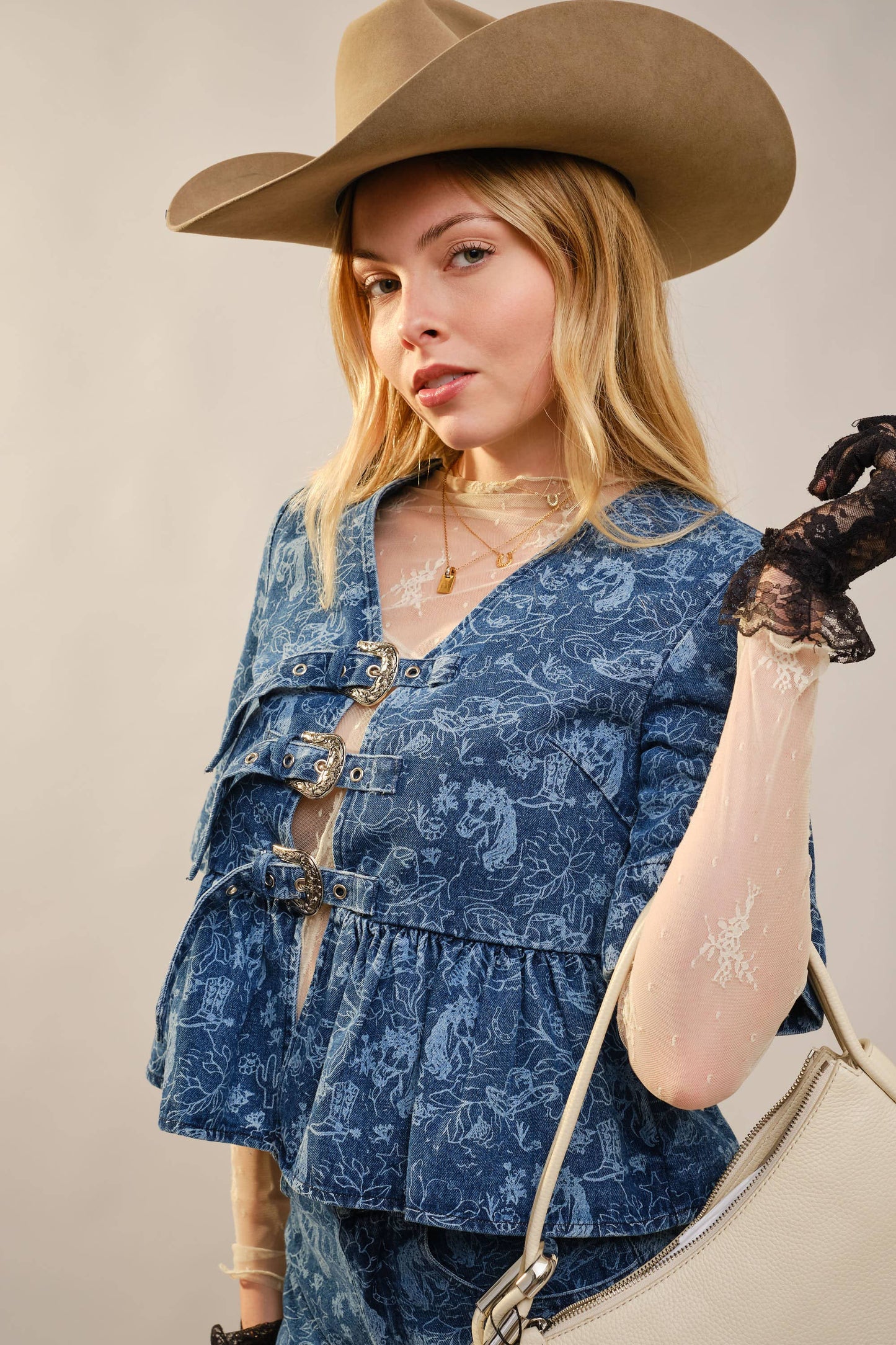 Western Horse Print Peplum Buckle Denim Top