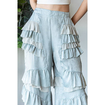 LAYERED RUFFLE PATCHED WIDE LEG PANTS