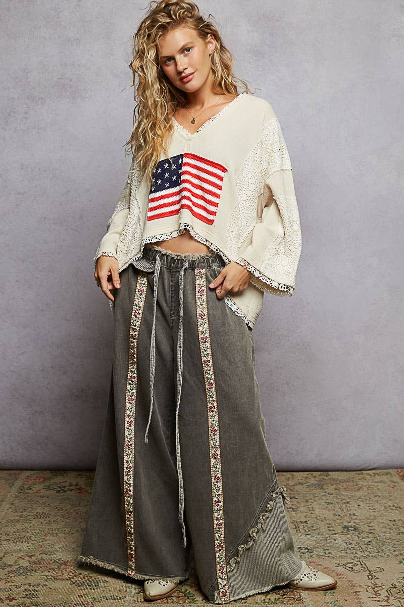 3/4 sleeve double gauze American flag sweater woven top