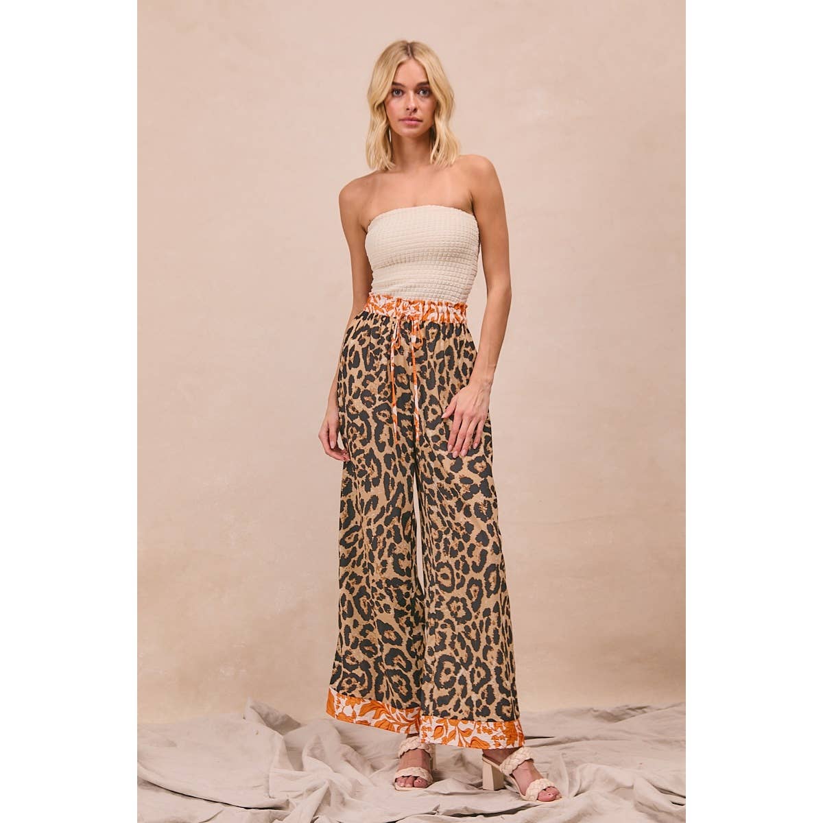 LEOPARD PRINT WITH CONTRAST BANDED WIDE PANTS