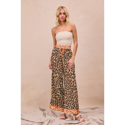 LEOPARD PRINT WITH CONTRAST BANDED WIDE PANTS