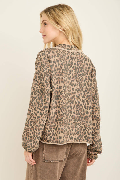 Washed Leopard Half zip Pocket Sweatshirt