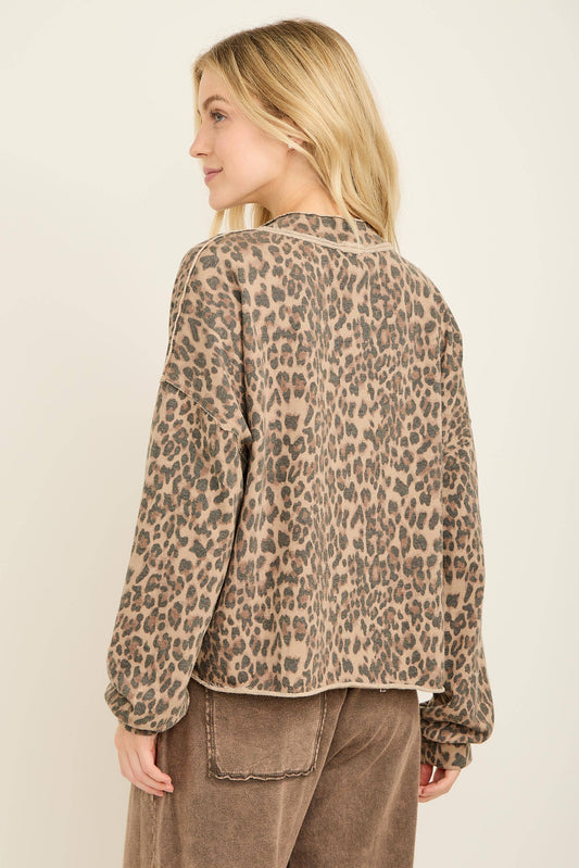 Washed Leopard Half zip Pocket Sweatshirt