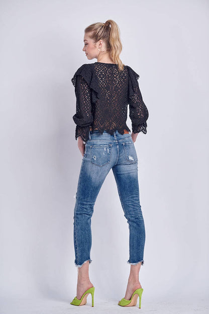 MID RISE STRETCH SKINNY STRAIGHT WITH FRAYED HEM JEANS