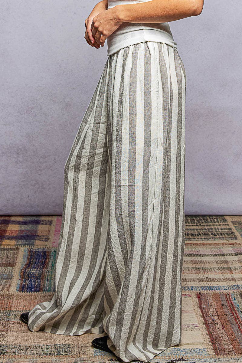 Stripe Elastic Waist Band Linen Wide Pants