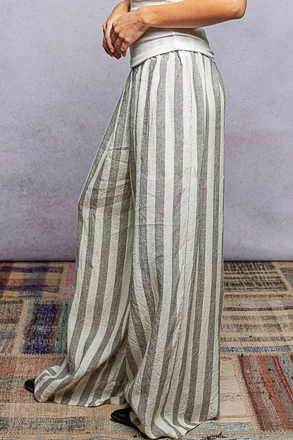 Stripe Elastic Waist Band Linen Wide Pants