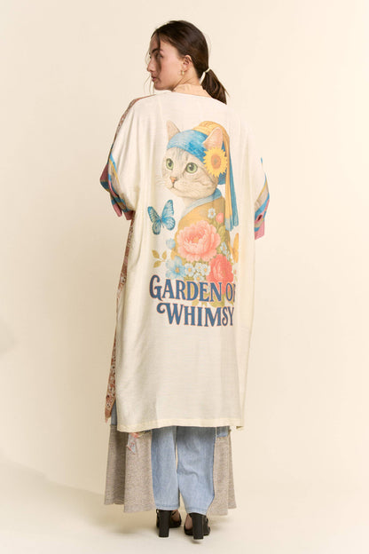 PLUS GARDEN WHIMSY CAT PRINTED BACK KIMONO DUSTER