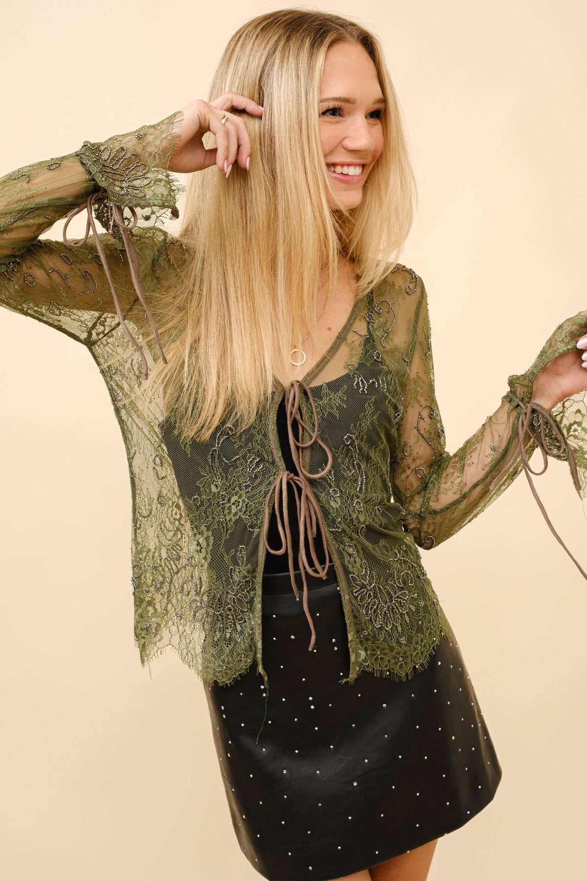 Lace Scallop Beaded Tie Front Sheer Top