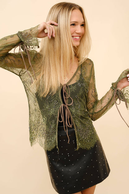 Lace Scallop Beaded Tie Front Sheer Top