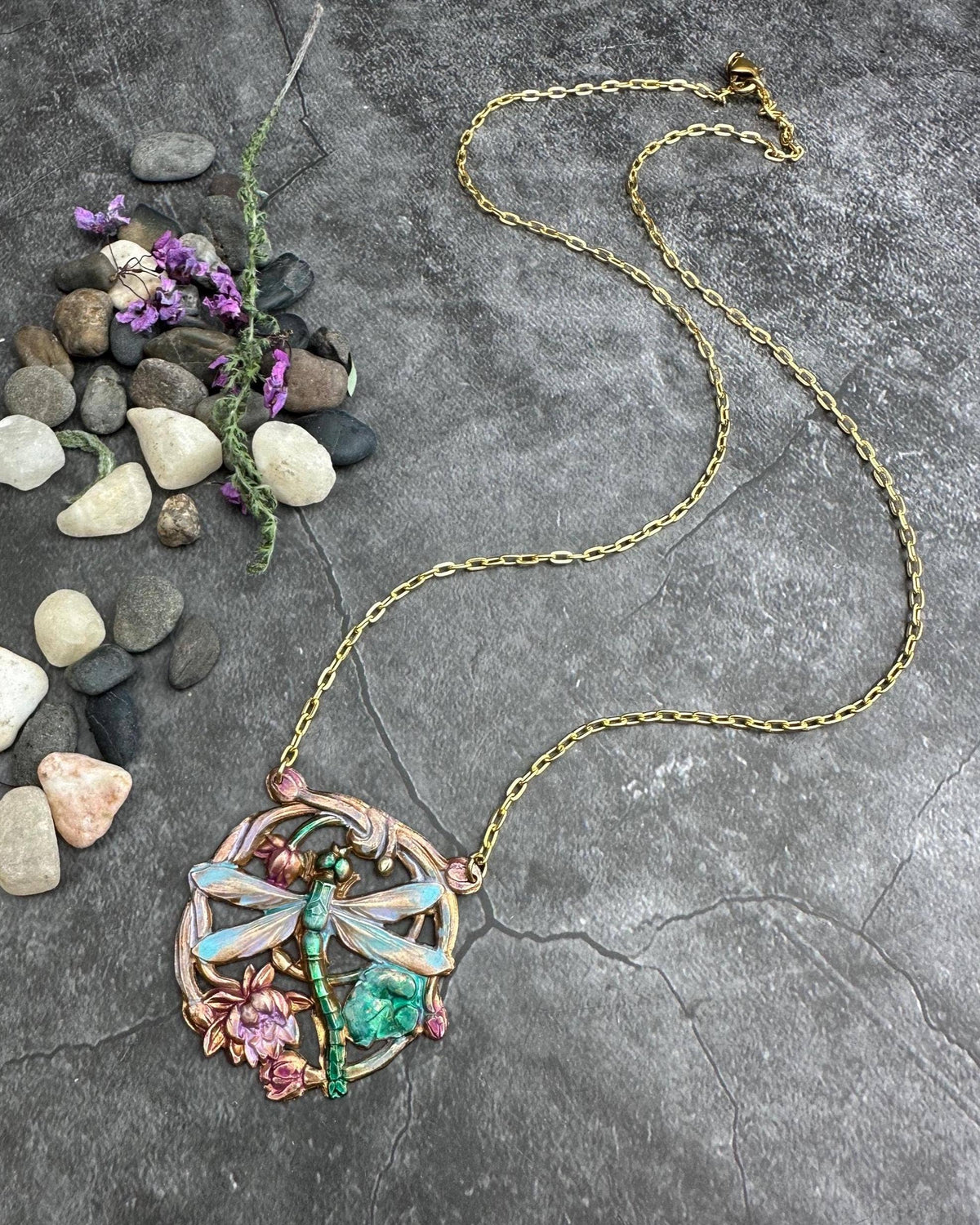 Dragonfly Pendant Necklace, Iridescent Patina Brass, Art Nou