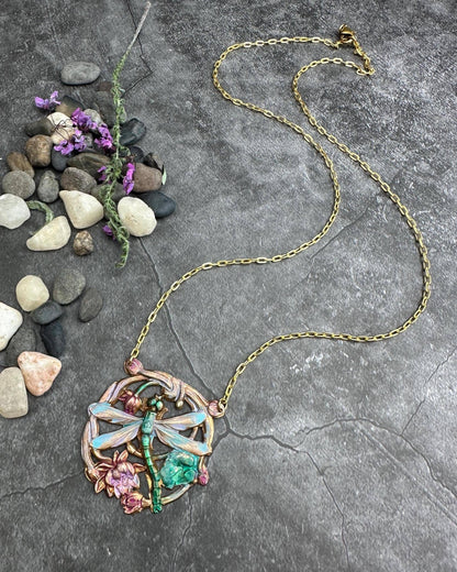 Dragonfly Pendant Necklace, Iridescent Patina Brass, Art Nou