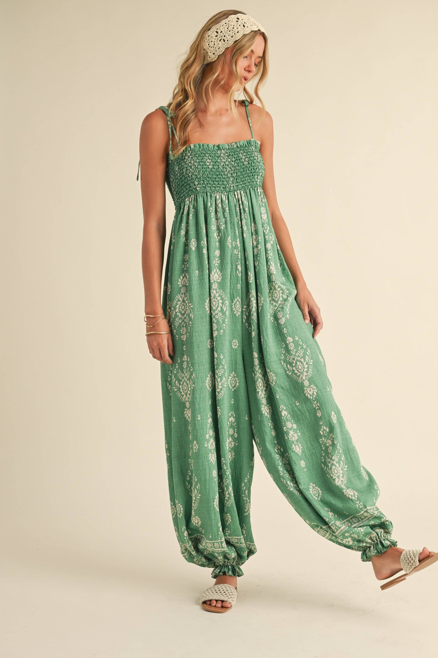 GREEN SMOCKED BALLOON JUMPSUIT