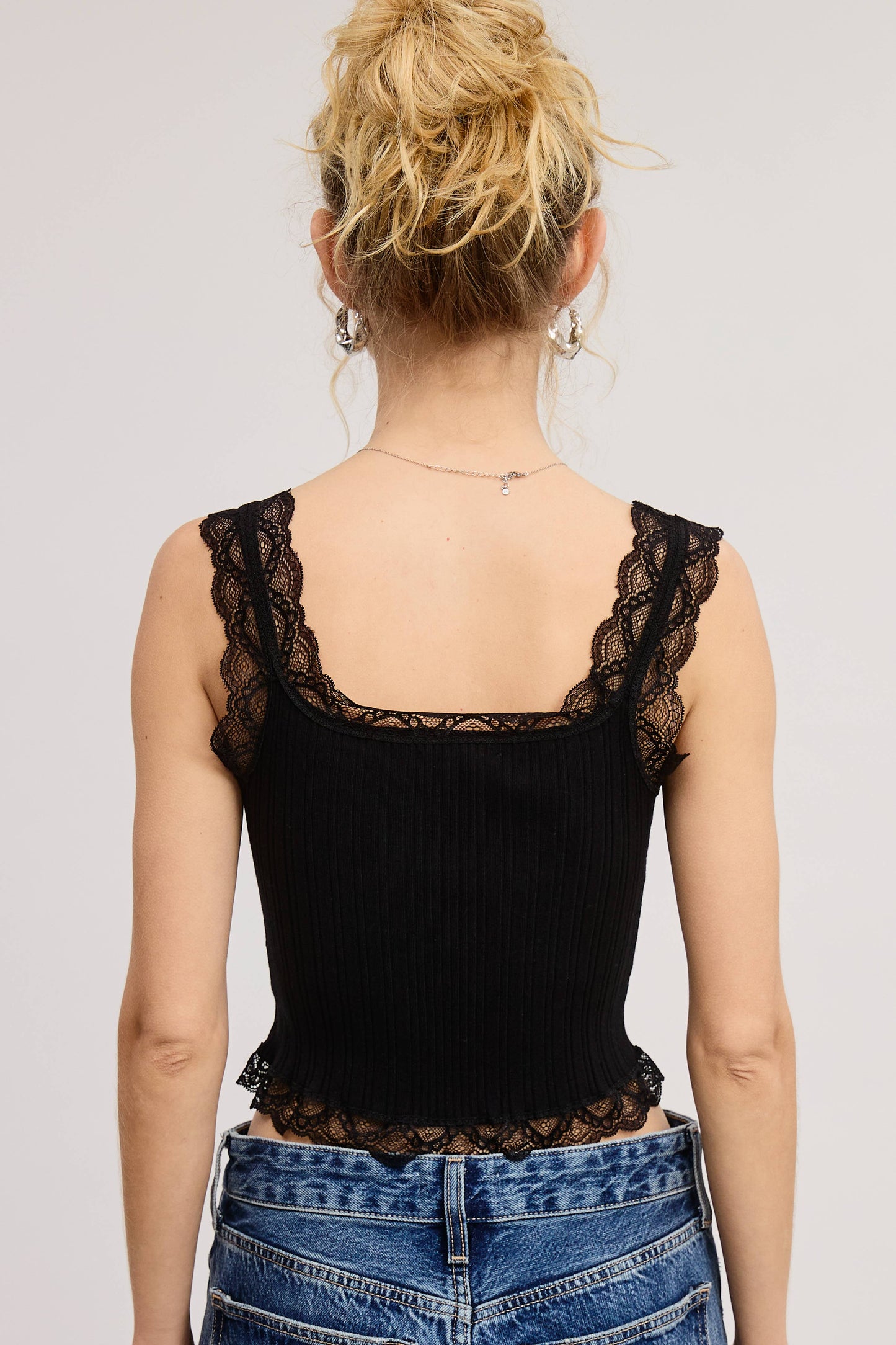 Scalloped Lace Trim Corset-Bodice Knit Tank Top