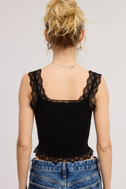 Scalloped Lace Trim Corset-Bodice Knit Tank Top