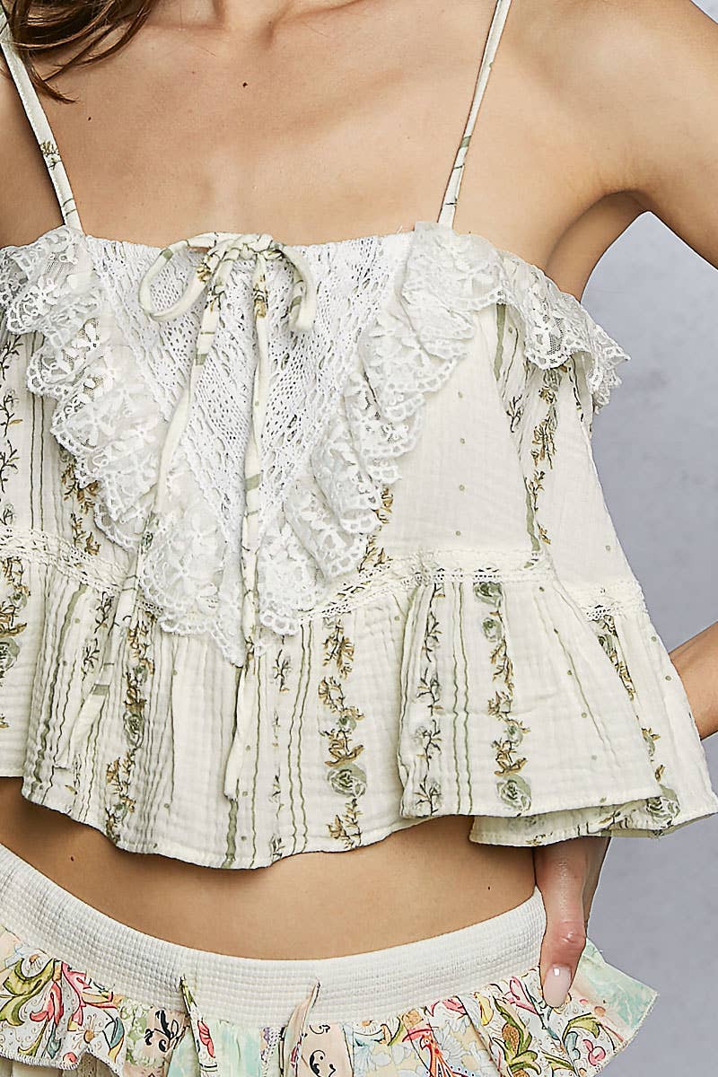 Lace Ruffles Ribbon Tie Cropped Floral Sleeveless Top