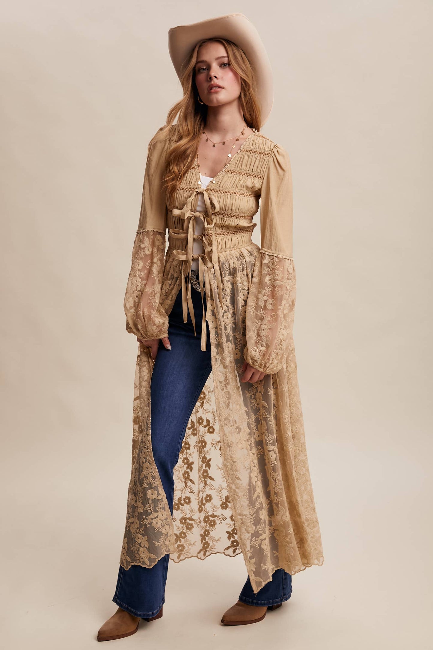 Lace-Up Embroidered Maxi Kimono