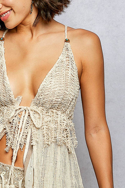 Stripe Loop Point Ruffle V-Neck Crochet Bra Top Sleeveless