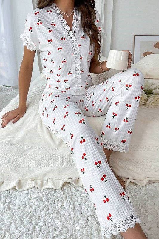 Lace Trim Red Cherry  Lounge Pajama Set