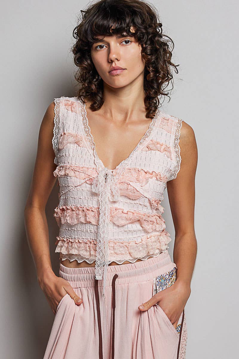 V-neck Sleeveless Cropped Lace Tank Top