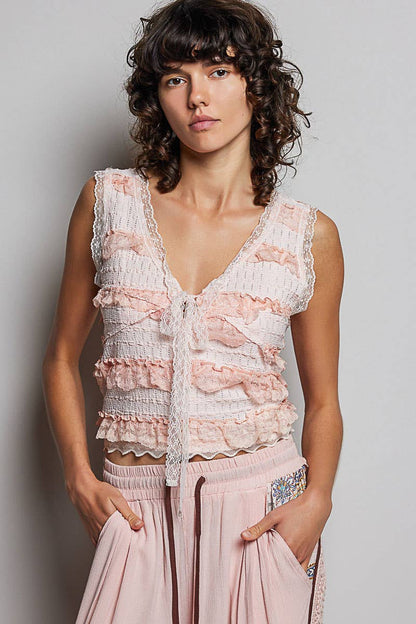 V-neck Sleeveless Cropped Lace Tank Top