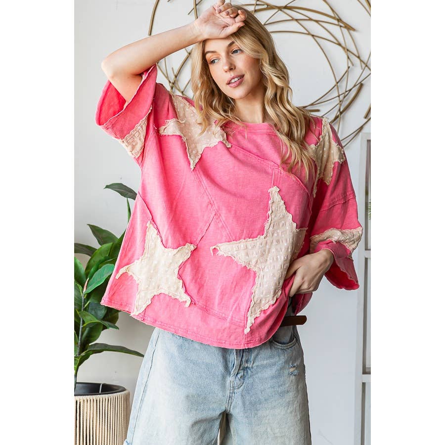 WASHED STAR PATCHWORK SHORT SLEEVE OVERSIZED TOP
