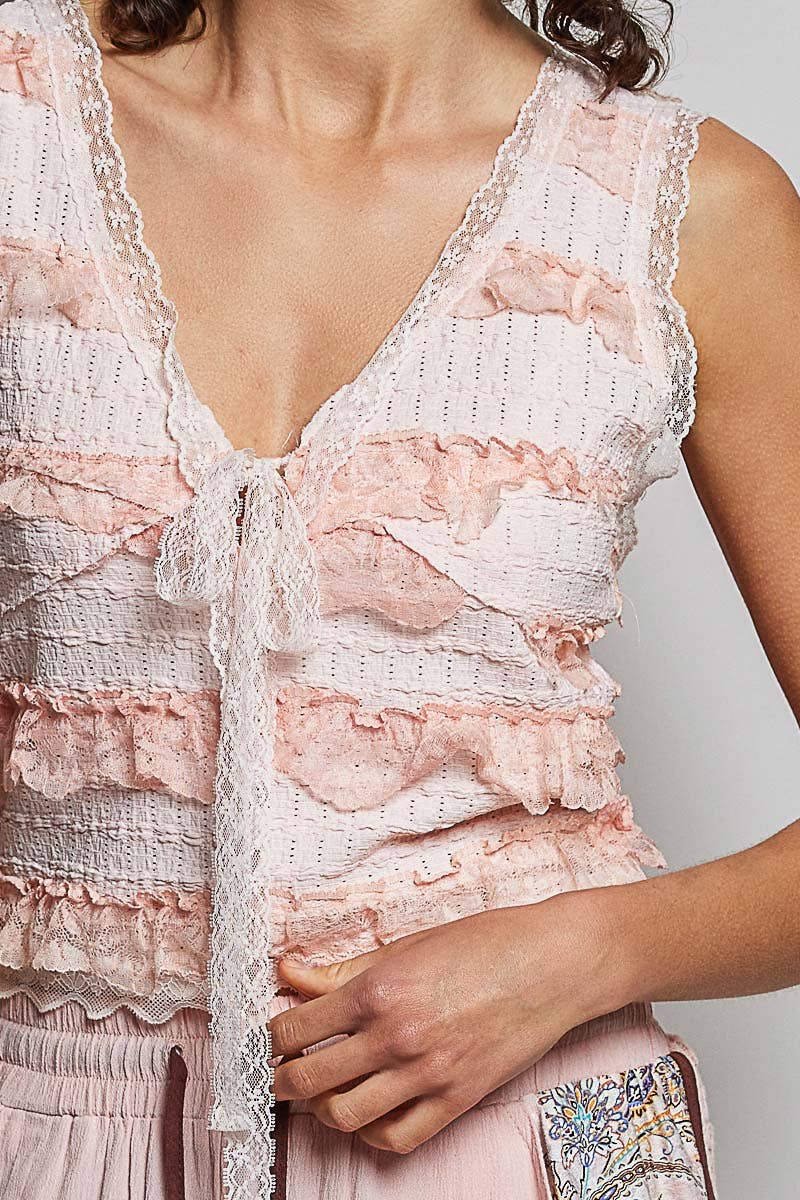 V-neck Sleeveless Cropped Lace Tank Top