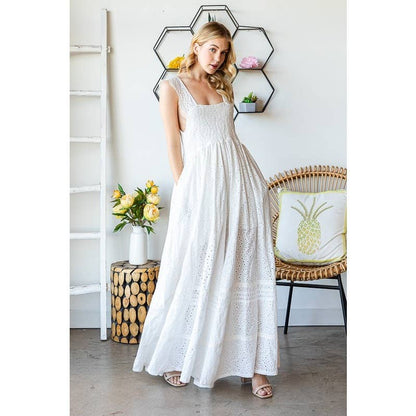 WHITE SMOCKED EYELET SLEEVELESS WIDE LEG JUMPSUIT