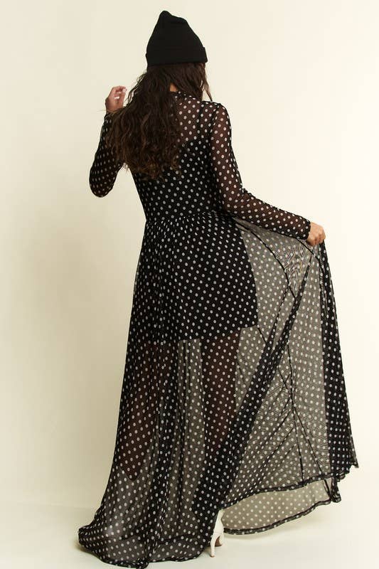 POLKA DOT PRINT MESH MAXI DRESS