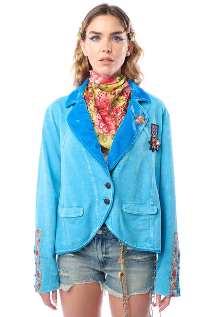 Vintage Teal Colonel French Terry Knitted Jacket - Blazer