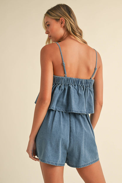 DENIM PLEATED SLEEVELESS TOP AND SKORT SET