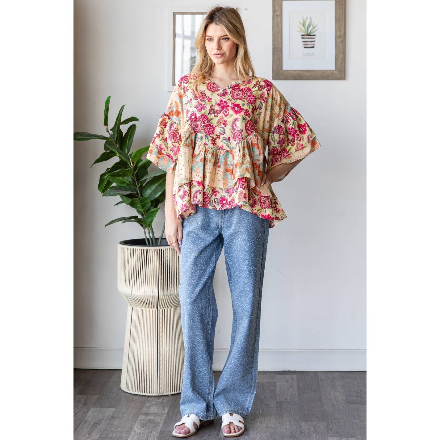 WASHED PRINTED RUFFLE DETAIL BLOUSE TOP