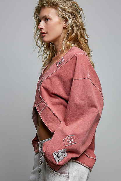 V-Neck Crochet Patch Cross Wrap Cropped Terry Top