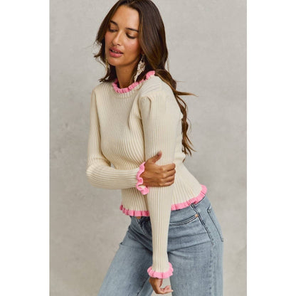 Ruffle Edge Ribbed Sweater Knit Top
