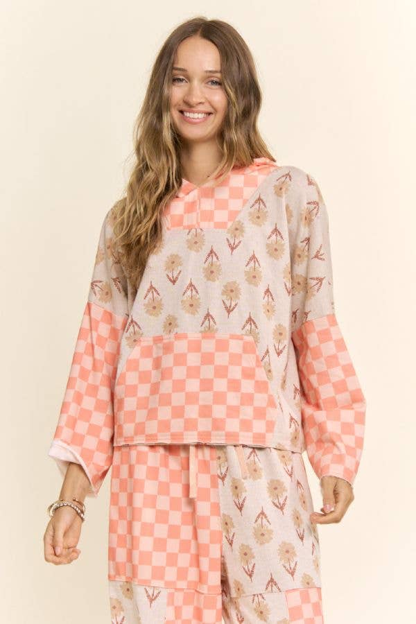 Retro Floral Checkered Patchwork Hoodie Lounge Set