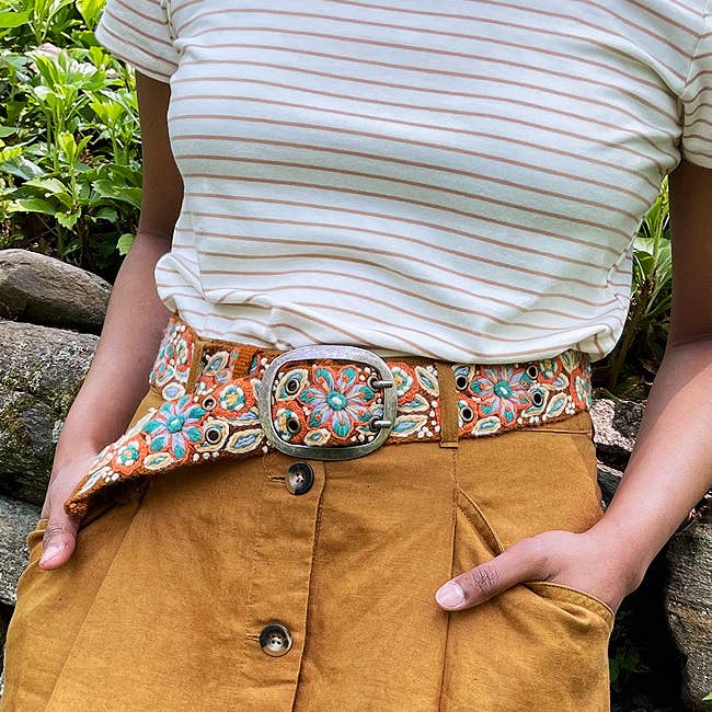 Ground Clover Floral Embroidered Wool Belt