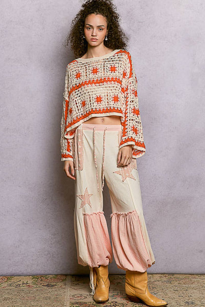 Orange and Cream Granny Square Long Sleeve Crochet Top